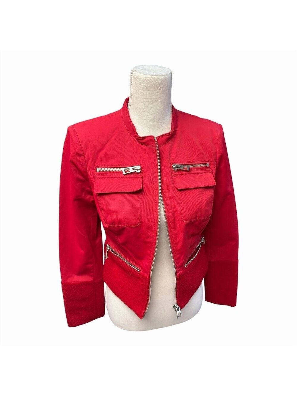 Blanc Noir Moto Jacket Womens Size S Red Full Zip Peplum Zip Pockets